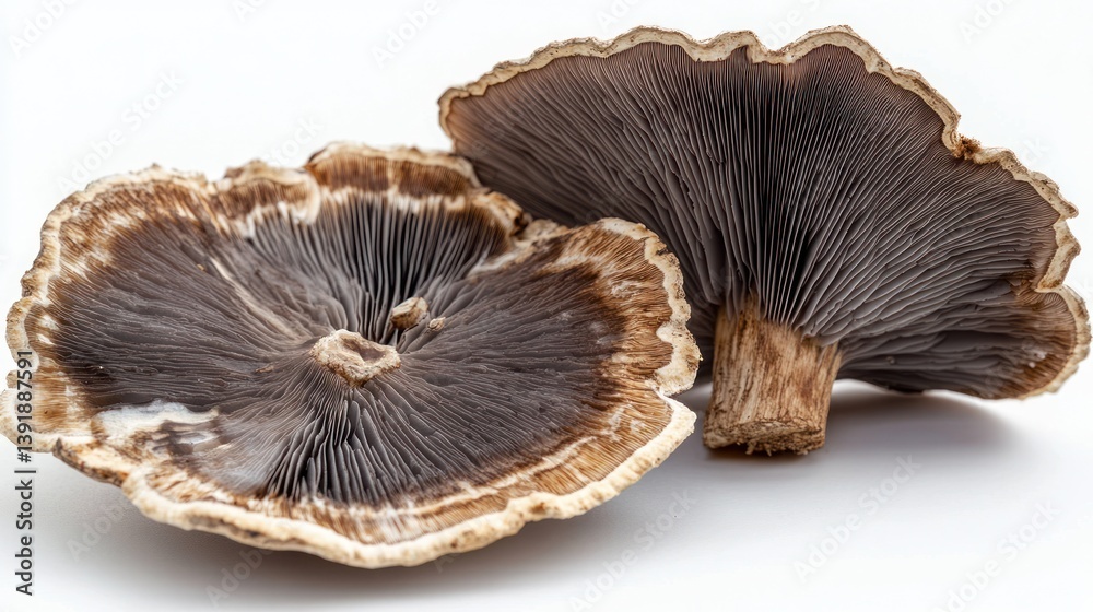 Two mushrooms, close-up, against white background. Possible use Food photography Two mushrooms, close-up, against white background. Possible use Food photography