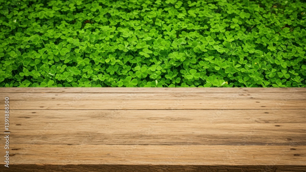 Fototapeta premium Wooden table with clovers, a vibrant green backdrop. Room for product placement.