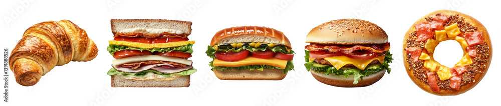 Delicious Breakfast and Lunch Items Including Croissant and Burger, PNG bundle collection, Isolated on Transparent Background Delicious Breakfast and Lunch Items Including Croissant and Burger, PNG bundle collection, Isolated on Transparent Background