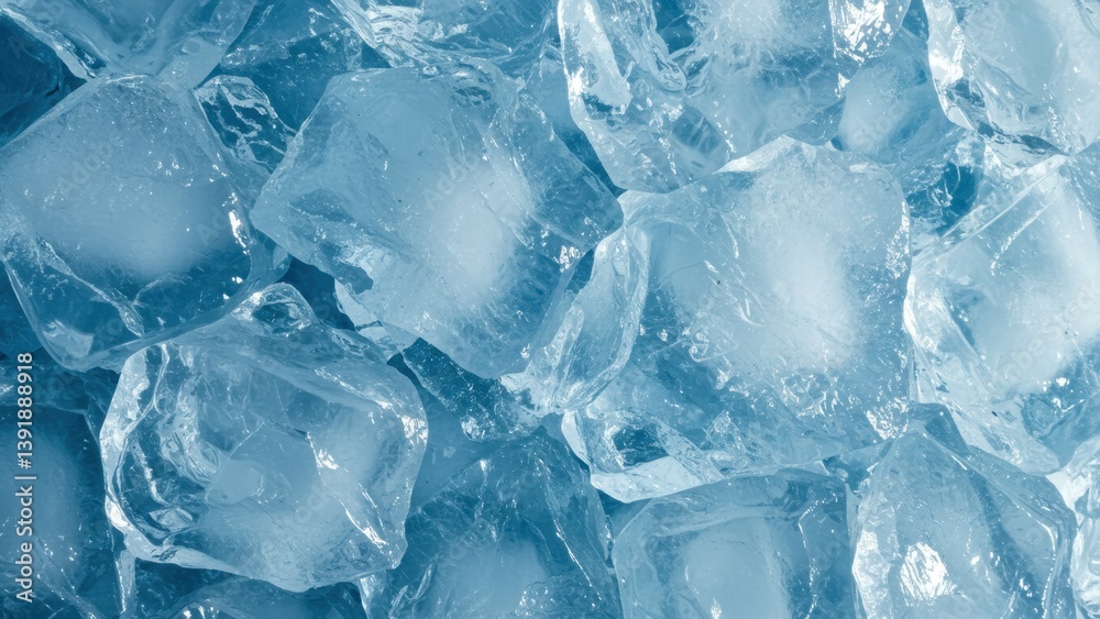 Close-up view of a pile of clear and blue ice cubes. Cooling, icy freshness. Close-up view of a pile of clear and blue ice cubes. Cooling, icy freshness.