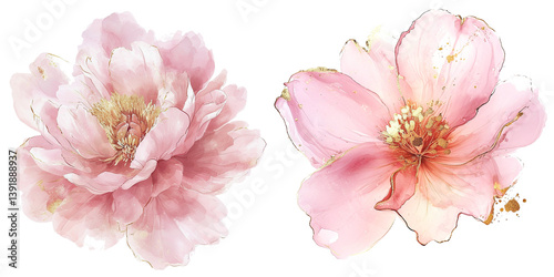 2 Abstract Flowers Clipart, Pink Gold Flower, Flowers Print, Printable Watercolor clipart, Watercolor Floral Illustrations 