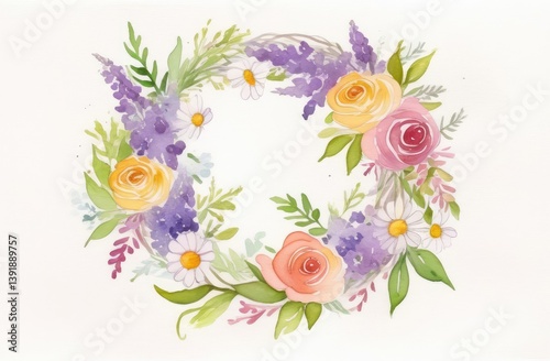 Watercolor floral wreath with roses and daisies, copy space for text
