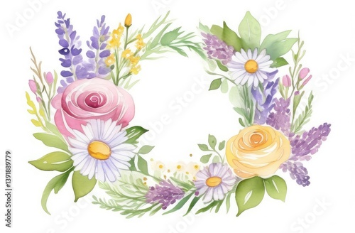 Watercolor floral wreath with roses and daisies, copy space for text