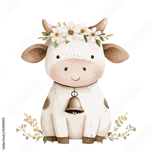 Smiling Cow: A charming watercolor illustration of a sweet cow, adorned with a delicate floral crown, embodies peace.