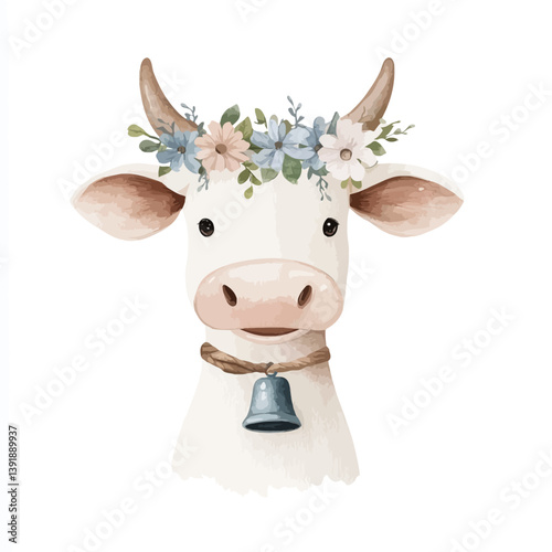 Cow's Gentle Charm: Charming watercolor illustration of a friendly cow, adorned with a delicate floral crown and a classic bell collar, exuding warmth and pastoral beauty.