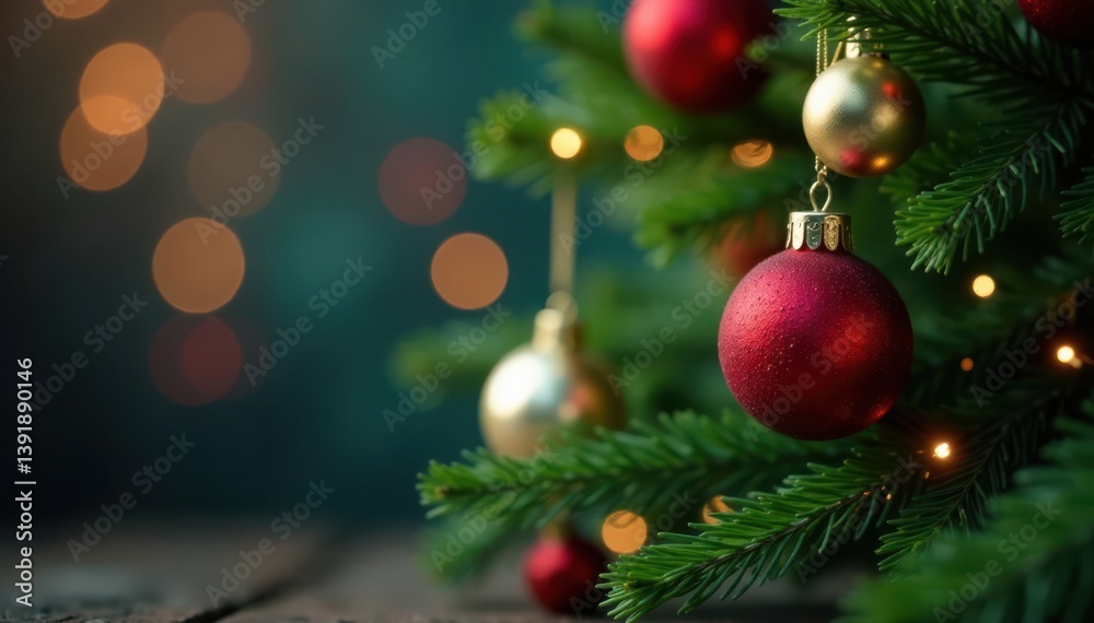 Naklejka premium Christmas tree with ornaments in the background, festive colors, holiday cheer