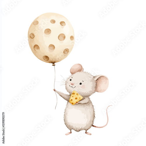 Whimsical Mouse with Cheese Balloon: A charming and adorable mouse playfully holds aloft a whimsical cheese-shaped balloon and a small cheese.