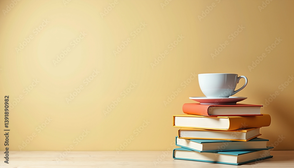 Naklejka premium Books and coffee on beige background, inspirational concept