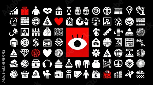 Pixelated White Icon Set with Red Eye on Black Background a Modern Graphic Design