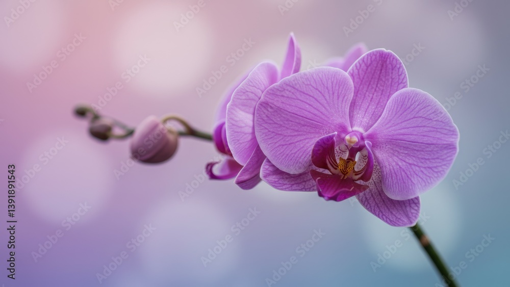 Obraz premium Close-up of a delicate purple orchid in full bloom with soft pastel background.