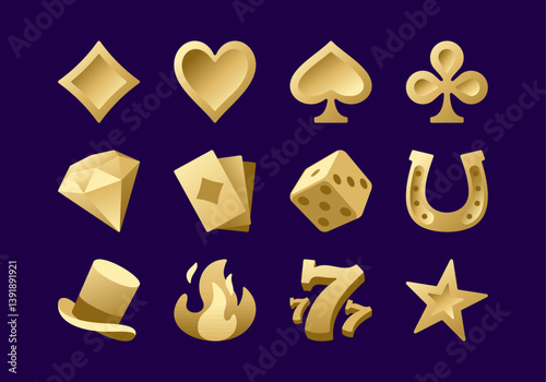 Casino golden icon set. Collection of vector illustration for mobile concept and web app. Symbols of card suits, playing cards, diamond, dice, horseshoe, cylinder, fire, three sevens and star