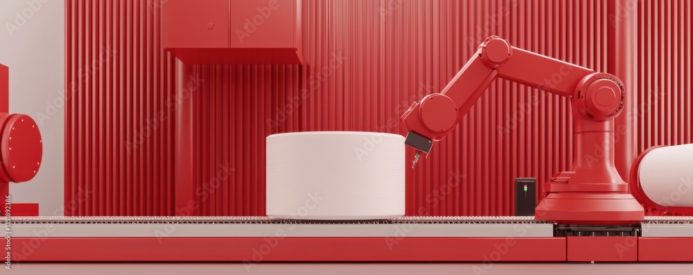 Fototapeta premium A red robotic arm operates in a modern industrial setting, manipulating a large white cylinder on a conveyor belt against a textured backdrop.