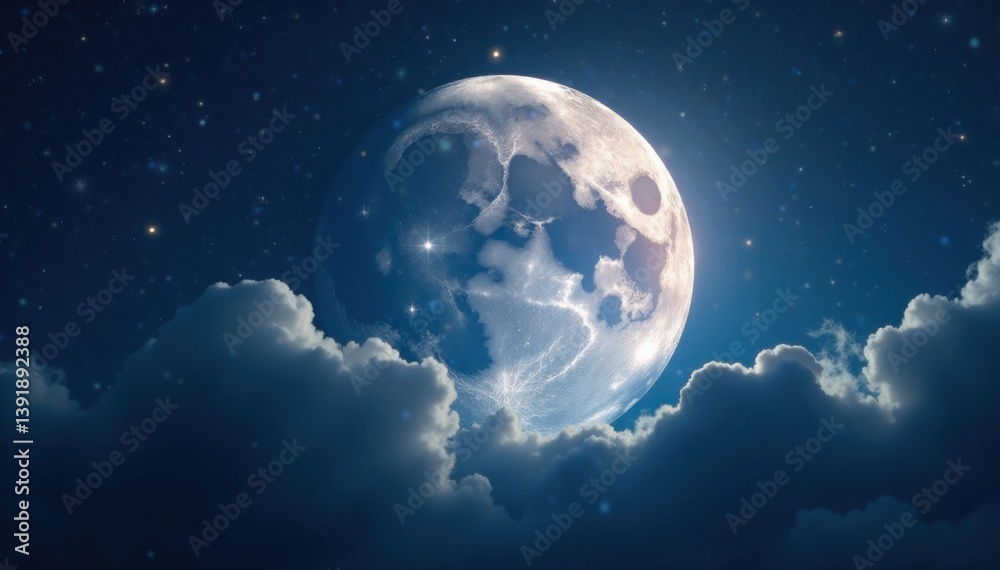 Obraz premium Ethereal glow illuminates a shimmering silver moon amidst starry night sky, moon, silver, ethereal