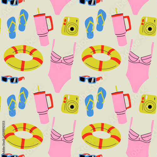 Seamless pattern with summer attributes and accessories. Pattern with summer attributes -  swimsuit, tumblers, photo camera,   sunglasses, flip-flops.Perfect for summer-themed designs and packaging.