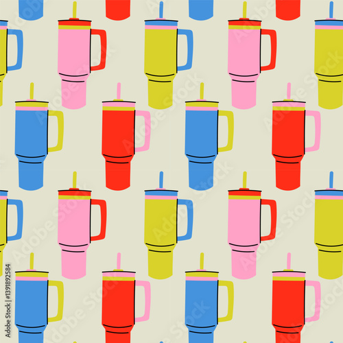 Colorful seamless pattern with Stainless Steel Vacuum Tumbler. Thermo cup with handle and straw. Perfect for drinkware design, packaging, textiles or branding projects.