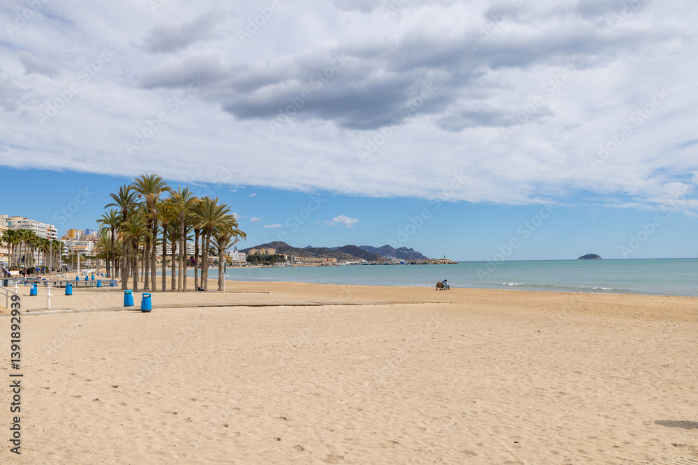Photo of the beautiful town of Villajoyosa in Spain showing the lovely sandy beaches on a hot sunny day with palm trees on the beach Photo of the beautiful town of Villajoyosa in Spain showing the lovely sandy beaches on a hot sunny day with palm trees on the beach