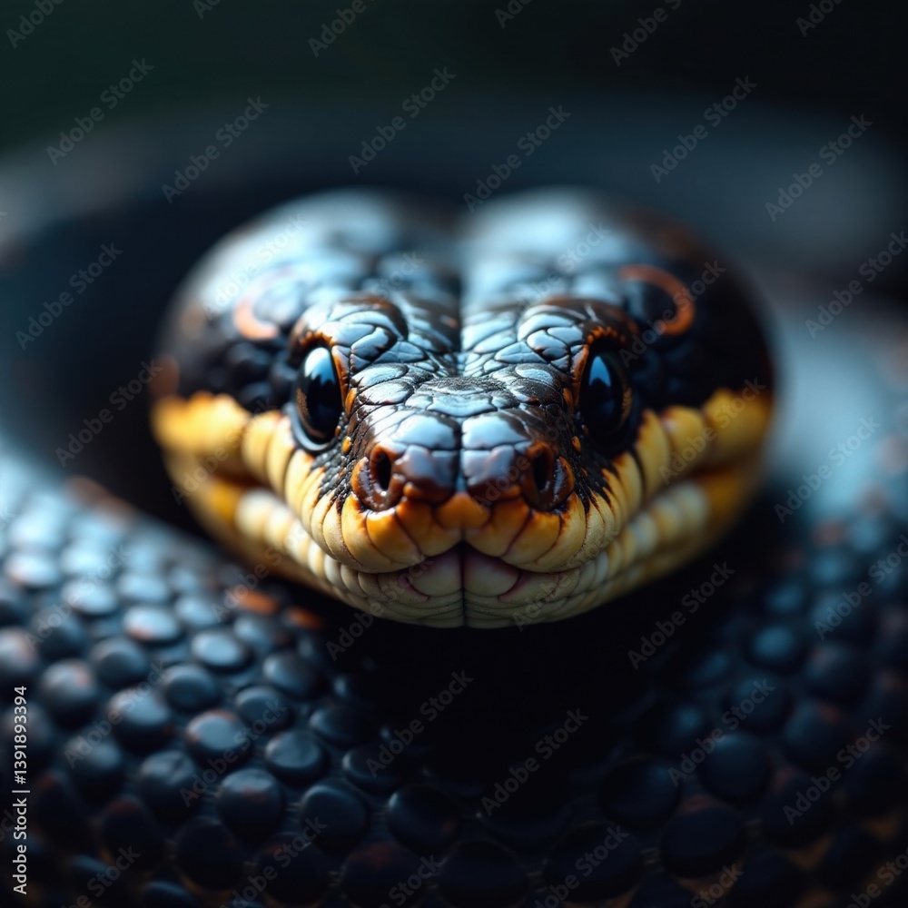 Fototapeta premium Scales glisten on snake's face as it gazes forward, reptiles, blue snake