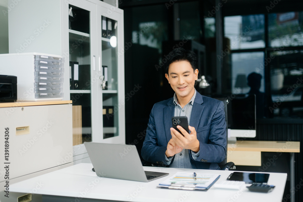 Man freelancer is working her job on computer tablet and laptop Doing accounting analysis report real estate Man freelancer is working her job on computer tablet and laptop Doing accounting analysis report real estate