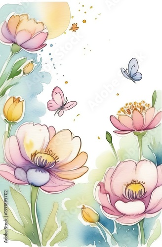 Watercolor spring flowers and butterflies with copy space for text