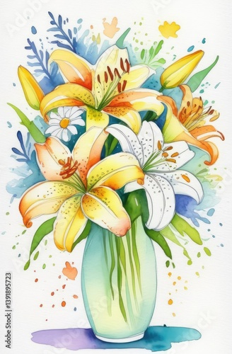 Watercolor bouquet of lilies in vase