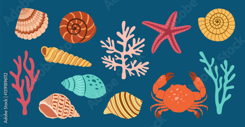 Set of seabed dwellers. Crab, starfish, seashells, mollusks, snails, corals. Hand drawn vector illustration isolated on blue background, flat cartoon style.