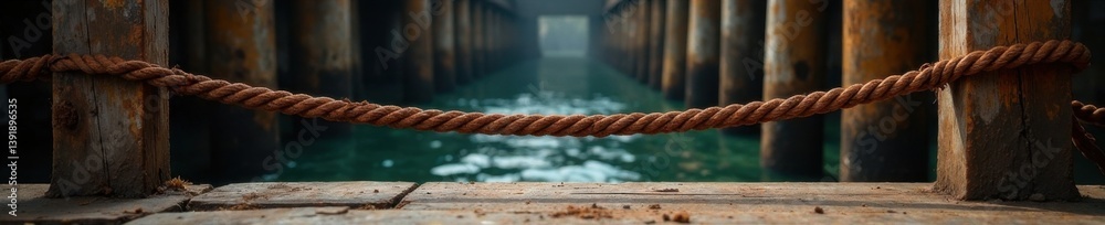 Fototapeta premium Rusted rope stretched between two massive wooden beams, frayed, beams, broken