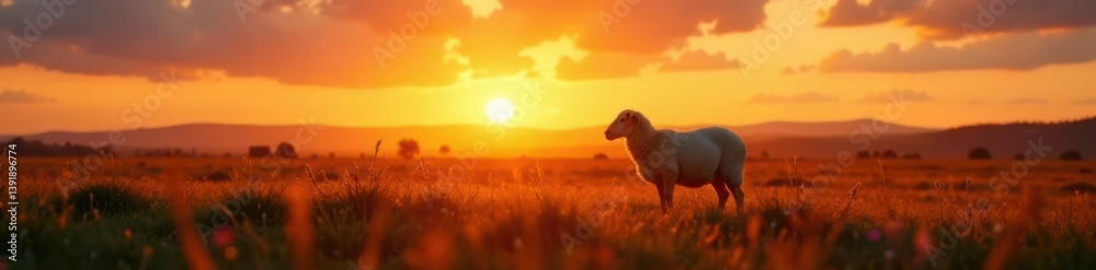 Fototapeta premium Sheep standing alone in a field at sunset , field, sheep