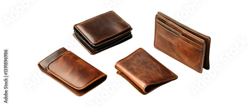 Pack of Leather Wallet set of Five Different Poses set Against Transparent Background for Fashion, Accessories, or Daily Use Promotion Projects photo