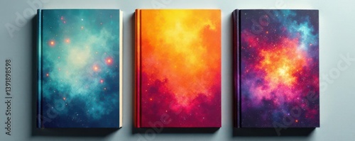 Three identical book cover designs on separate sheets of paper, mockup, illustration