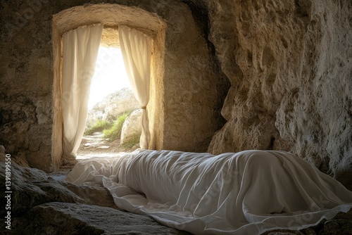 Empty Tomb of Easter with White Cloth and Open Doorway