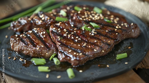 Korean-style marinated beef steak grilled and served on a hot plate with sesame seeds and green onions