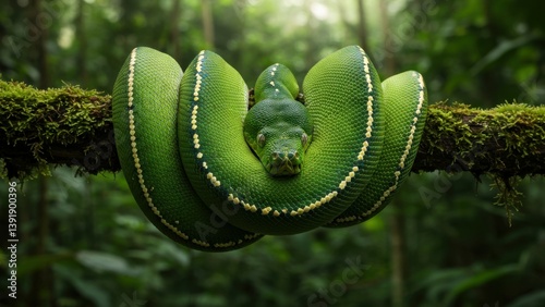 Green Tree Python coiled on a mossy branch in a lush tropical rainforest.