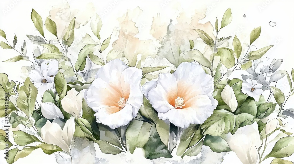 Obraz premium A beautiful arrangement of soft delicate white and peach flowers in bloom surrounded by lush green foliage against a tranquil natural background