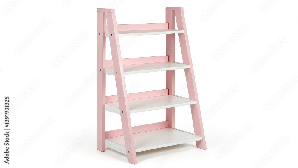 A stylish pink and white wooden bookshelf with four spacious shelves, ideal for organizing books and decorative items in a modern home or office setting. A stylish pink and white wooden bookshelf with four spacious shelves, ideal for organizing books and decorative items in a modern home or office setting.