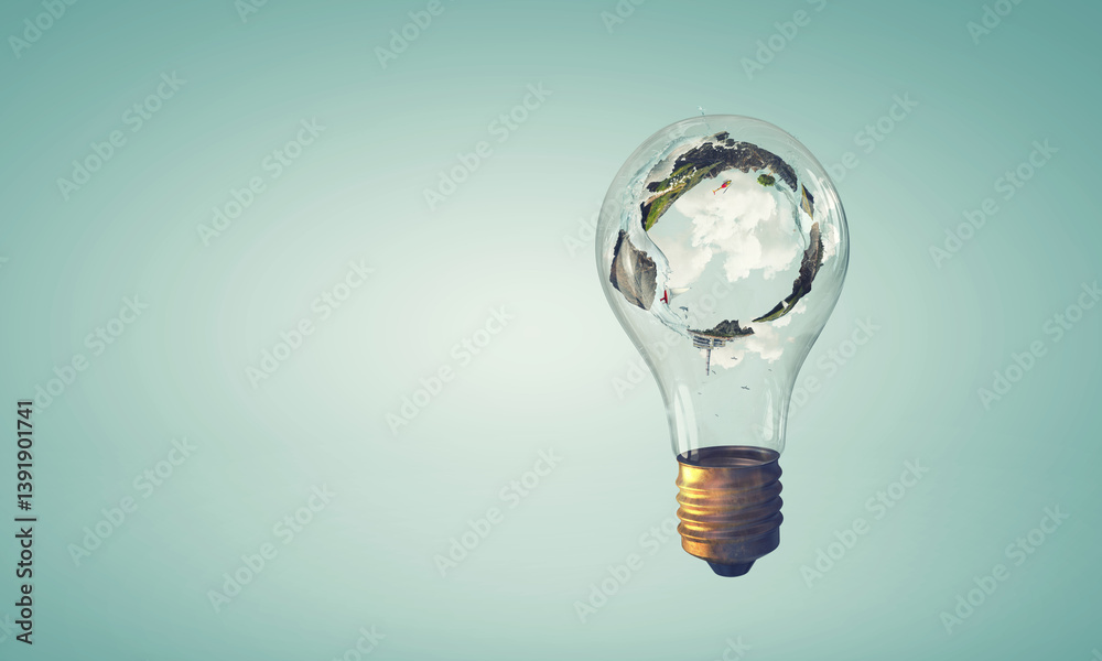 Green landscape inside light bulb