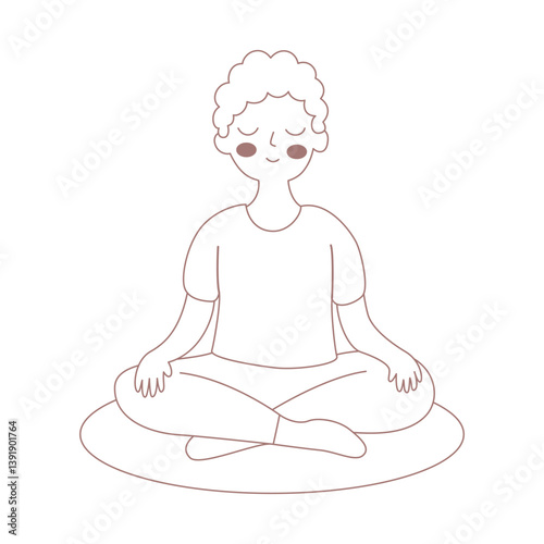 Man meditating on a mat in linear style. Isolated on white background.