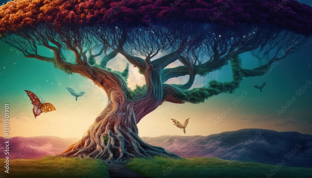 Fototapeta premium Majestic surreal tree with colorful butterflies under a vibrant sky at dusk