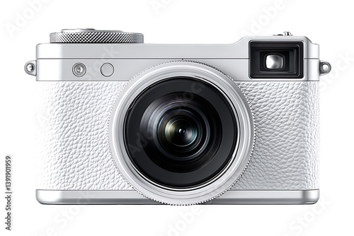Sleek White Compact Camera with Large Lens, Isolated on White
