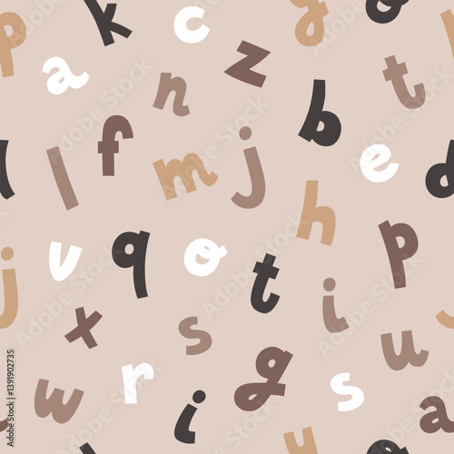 Pattern with english alphabet. Cute children seamless texture. Cartoon pastel letters on beige background. Template for wrapping paper or textile