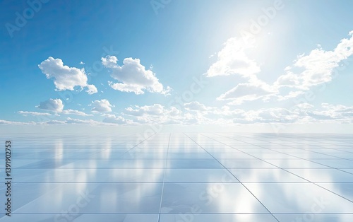 Reflecting Clouds and Sky on Shiny Tiles Creating a Modern Horizon