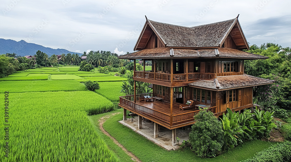 Fototapeta premium charming wooden Thai village house with steep roof in lush green fields