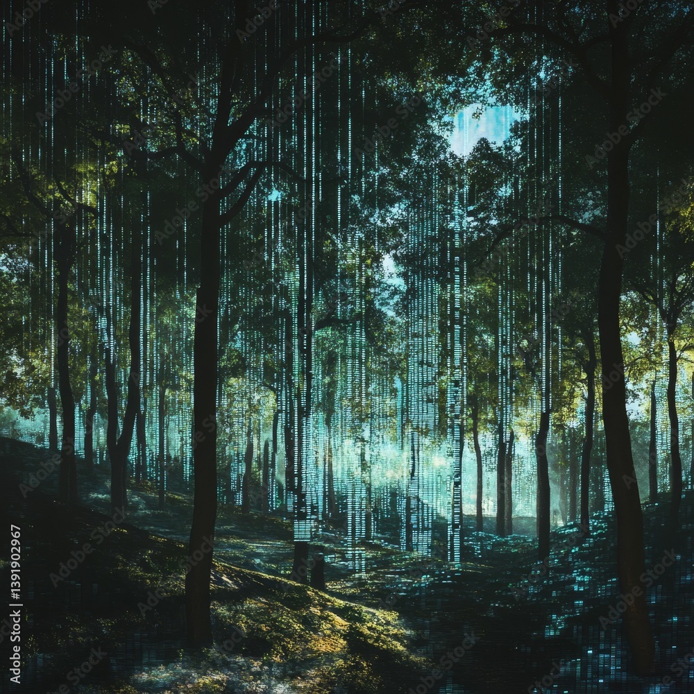 Obraz premium Dark forest with tall trees and light shining through the