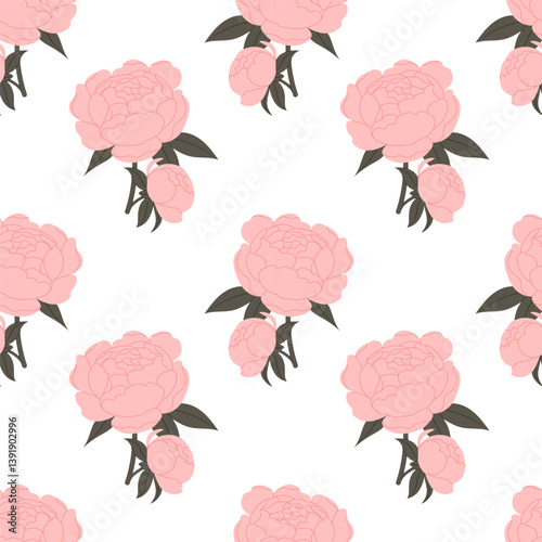 Bouquet of peonies. Elegant pattern with pink peonies on white background. For fabric design, packaging, stationery.