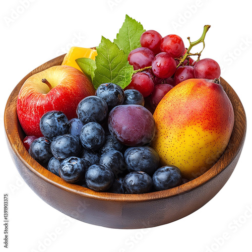 Fresh Fruit Medley A vibrant mix of apples, grapes, blueberries, and mango in a rustic wooden bowl. A delightful summer still life. photo