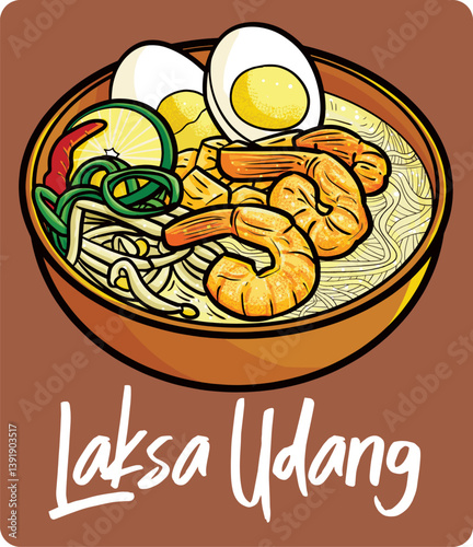 Laksa udang, a traditional food from Indonesia in funny cartoon style.