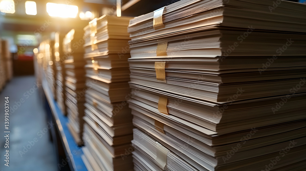 Paper stacks in warehouse, sunlight, storage Paper stacks in warehouse, sunlight, storage
