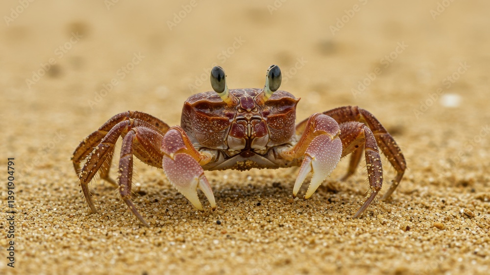 A crab stares forward with its big claws, on a sandy beach backdrop. A crab stares forward with its big claws, on a sandy beach backdrop.