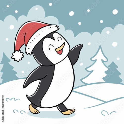 Dancing Penguin with Santa Hat in Snow – Cute Christmas Winter Vector Illustration