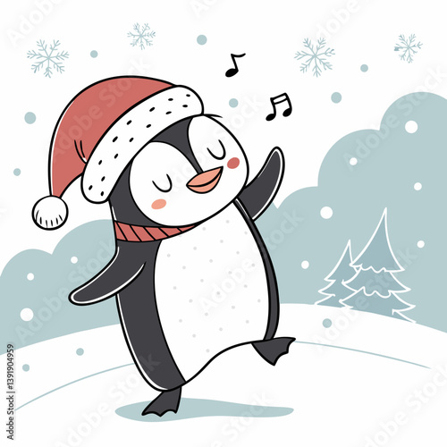 Dancing Penguin with Santa Hat in Snow – Cute Christmas Winter Vector Illustration
