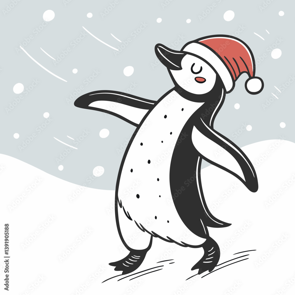 Fototapeta premium Dancing Penguin with Santa Hat in Snow – Cute Christmas Winter Vector Illustration